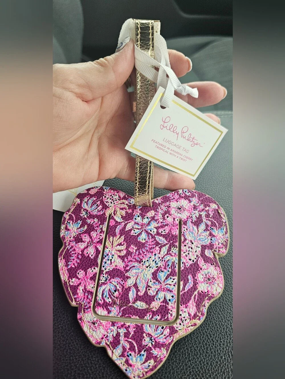 Lilly Pulitzer Blue and White Floral-Style Scrunchie with Pink Leaf Luggage Tag